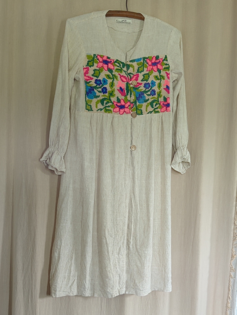 Embroidered Floral Panel Linen Blend Dress - Neutral with Pink & Blue Accents